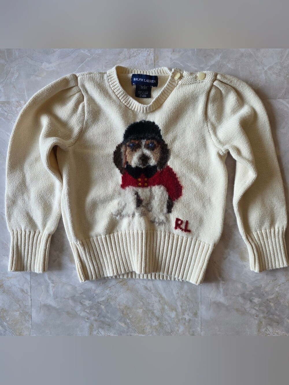 Ralph Lauren Girls 3T Cotton Wool Cream Sweater Dog Intarsia Preppy Old Money